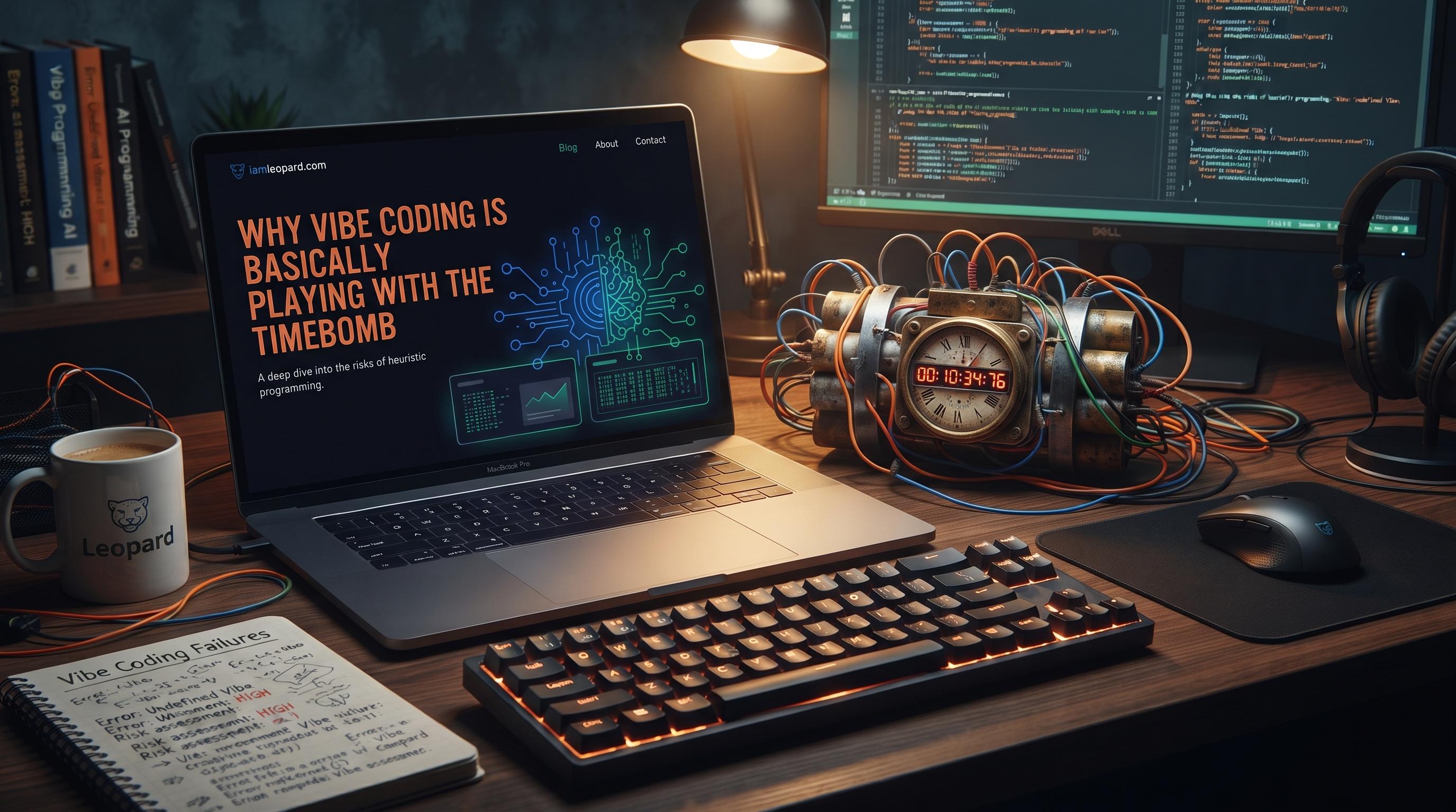 A developer desk with a laptop showing the Why Vibe Coding is Basically Playing with the Timebomb article beside a dynamite timebomb and a notebook labeled Vibe Coding Failures.